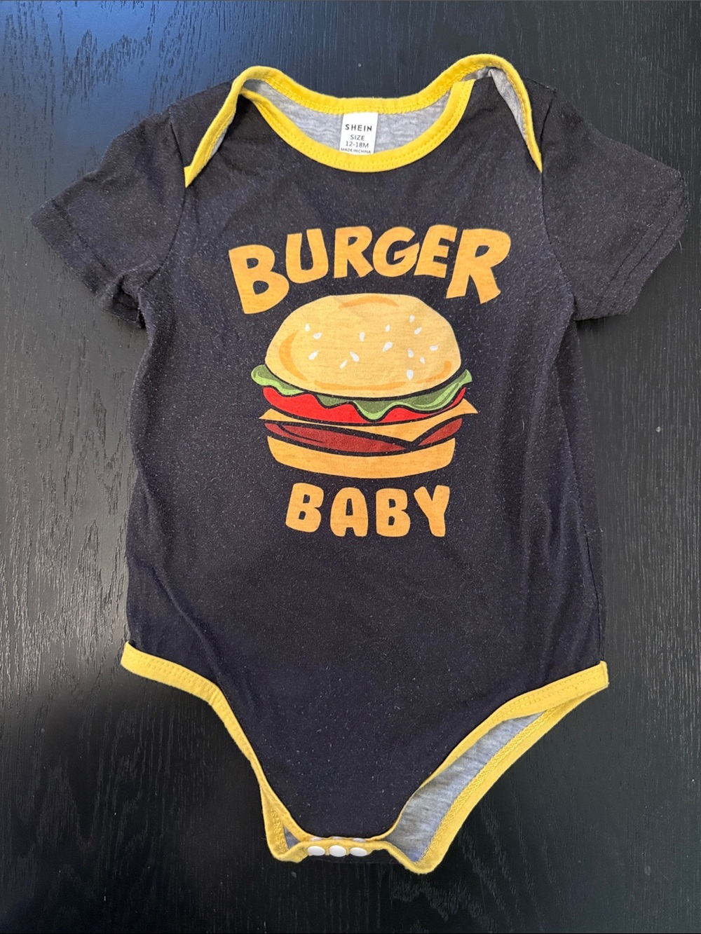 SHEIN Black and Yellow 'Burger Baby' Graphic One-Piece Bodysuit